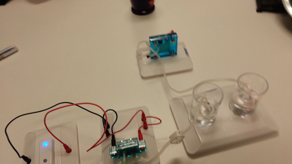 Electrolysis experiment setup with electrodes, wires, and beakers for water splitting analysis.