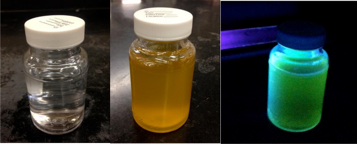 Fluorescent dye solutions under UV light; chemical analysis; photonic study setup.