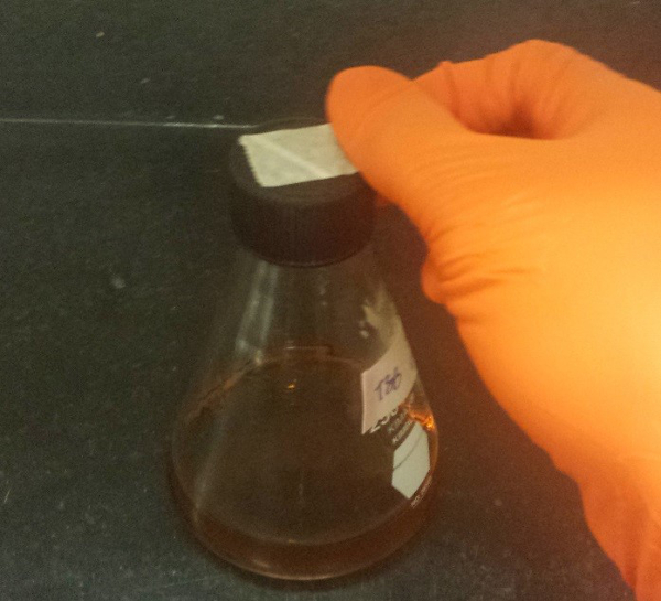 Erlenmeyer flask sealing process, experiment setup, laboratory research, orange glove, liquid sample.