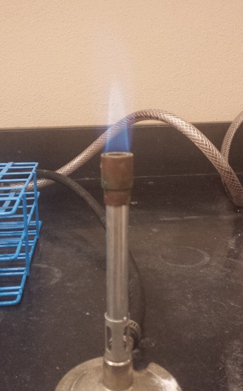 Bunsen burner with blue flame, indicating combustion for heating in laboratory experiments.
