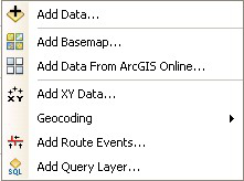 ArcGIS interface showing data addition options; spatial data, geocoding, and query layer setup.