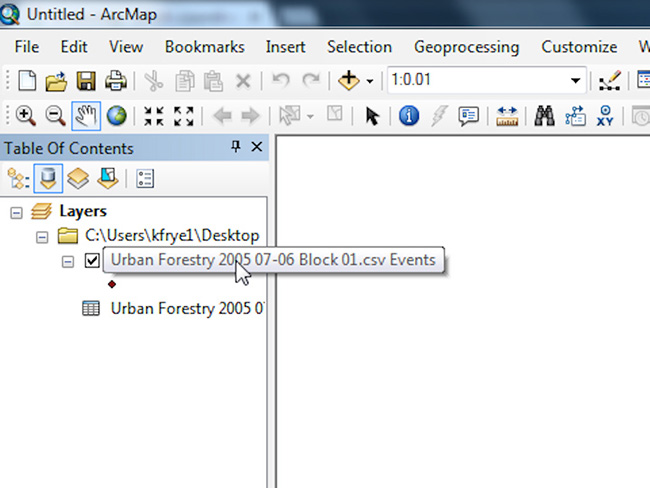 ArcMap interface displaying GIS workflow for urban forestry data analysis.