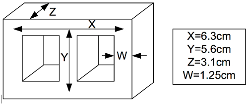Rectangular prism diagram with dimensions X=6.3cm, Y=5.6cm, Z=3.1cm, W=1.25cm labeled.