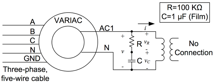 Three-phase static equilibrium circuit diagram with VARIAC, resistor, capacitor, AC analysis setup.