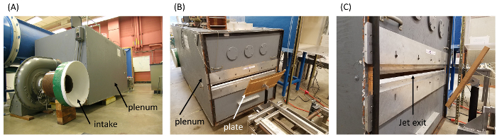 Wind tunnel setup; intake, plenum, jet exit; aerodynamic testing equipment diagram.