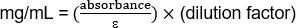 Spectrophotometry concentration formula, mg/mL=(absorbance/ε)×dilution factor, equation.