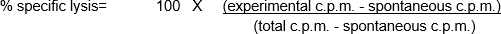 % specific lysis formula, showing calculation with experimental and total c.p.m. values in immunology.