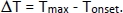 Temperature change formula ΔT = Tmax - Tonset, symbol for thermodynamic process analysis.