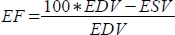 Ejection fraction equation EF=(100*EDV-ESV)/EDV, cardiac function formula, educational use.