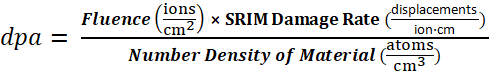 dpa equation for material damage rate; SRIM method; formula for ion displacements per atom.