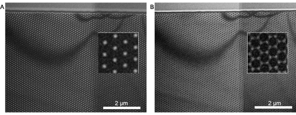 figure-results-3 Nanopatterned surface scanning electron microscopy images; magnified lattice structure shown inset.