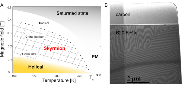 figure-results-5 Magnetic skyrmion phase diagram, B20 FeGe microstructure; temperature-field relationship, microscopy.