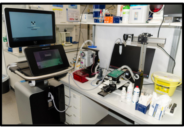 Laboratory setup with imaging system, diagnostic equipment, and analysis workstation for data collection.