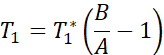 Thermodynamics equation: T1=T1*(B/A-1) formula illustration