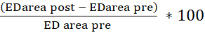 Percentage change equation; formula for calculating changes in ED area in a scientific study.