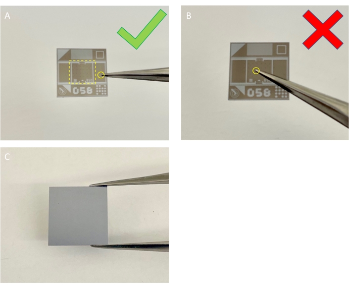 Testing LED display alignment with tweezers; diagram showing successful and failed placements.