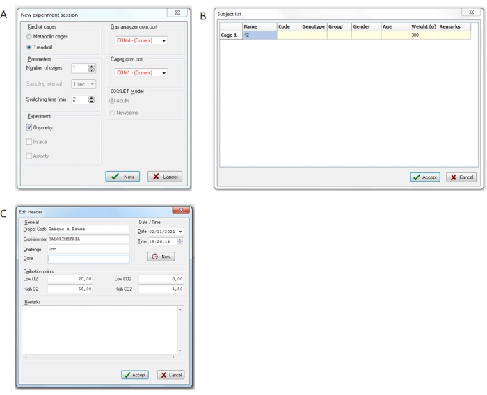 figure-results-1 Metabolic cage experiment setup, data panel, subject list; oxymetry, CO2 measurement settings.
