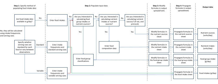 Food intake data processing flowchart, illustrating data input steps, spreadsheet modification, output.
