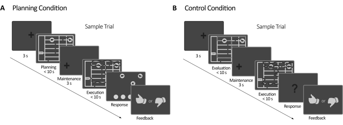 Planning vs Control Condition cognitive tasks diagram, illustrating process steps and feedback loops.