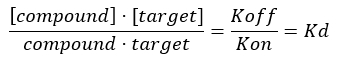 Equilibrium dissociation constant equation; Kd=Koff/Kon; ligand-target binding formula.