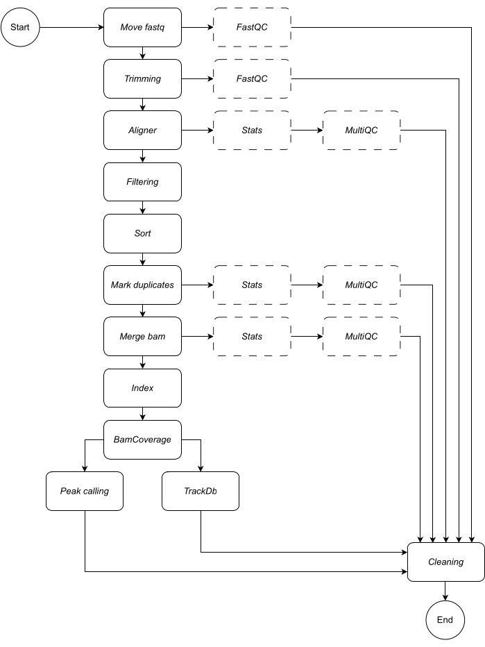 DNA sequencing workflow diagram; FastQC, MultiQC quality steps; data analysis process.