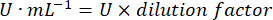 figure-protocol-8 Dilution factor equation, U·mL⁻¹ = U x dilution factor, relevant to chemical analysis calculations.