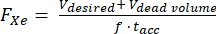 Fx equation for flow dynamics analysis, formula with desired volume, dead volume, factors.