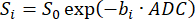 Diffusion equation S<sub>i</sub>=S<sub>0</sub>exp(-b<sub>i</sub>·ADC) relating signal decay to gradient factors.
