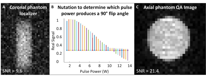 Coronal and axial phantom MRI, chart of pulse power vs signal, evaluating nutation, SNR analysis.