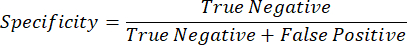 Specificity formula, equation displaying specificity in statistical analysis: True Negative/True Negative + False Positive.