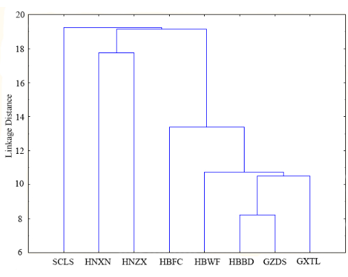 Hierarchical clustering dendrogram, showing linkage distance for data grouping analysis.