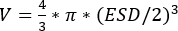 Volume calculation equation \(V = \frac{4}{3} \pi (ESD/2)^3\), geometry concept.