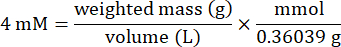 Chemical concentration formula: 4 mM calculation from mass and volume, equation depiction.