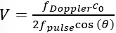 Doppler effect velocity formula, V=fDopplerc0/(2fpulsecostheta), equation representation.