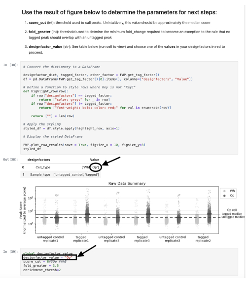 Code and graph analysis with data table, focusing on parameters for peak tagging in data processing.