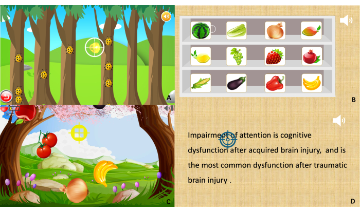 Fruit selection process in educational game interface showing various fruits and a cognitive task.