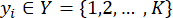 Mathematical set notation, equation y<sub>i</sub> ∈ Y = {1, 2, ..., K}, classification process.