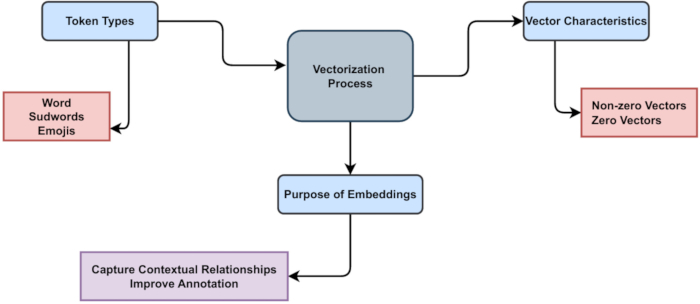 Vectorization process diagram: token types, embeddings purpose for contextual relationship capture.