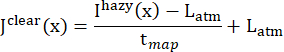Equation for atmospheric light estimation in dehazing process, formula for image clarity recovery.