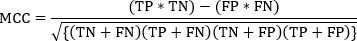 MCC formula illustrating statistical analysis of binary classification results.