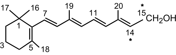 Chemical structure diagram of vitamin A, showing molecular bonds and hydroxyl group (CH2OH).