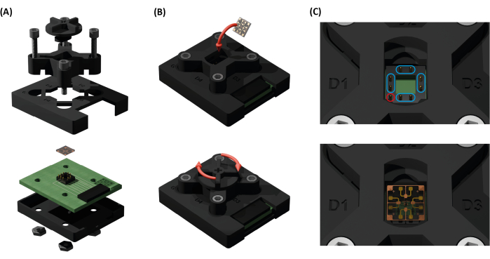 Assembly diagram of microchip packaging with wiring and mounting platform.
