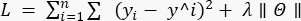 Loss function equation for linear regression, mathematical expression, regularization term.