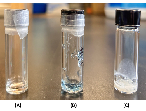 Chemical reaction process in vials; experiment setup showing precipitation formation in 3 stages.