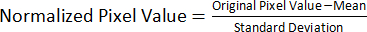 Alt text: "Image processing formula, normalized pixel value equation, diagram for data standardization."