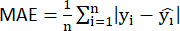 Mean Absolute Error (MAE) formula; statistical analysis; prediction accuracy assessment.