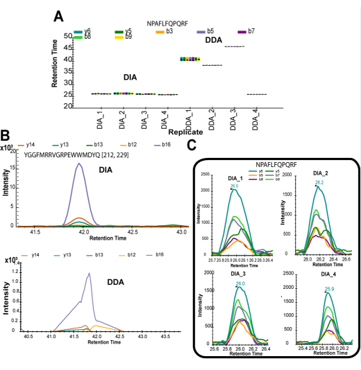 figure-results-3 Proteomics data analysis; chromatographic retention time, DIA vs. DDA intensity graphs, spectral peaks.