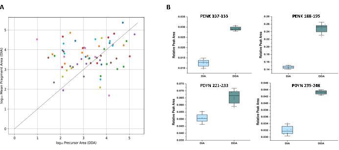 figure-results-4 Scatter plot and box plots analyzing protein expression; data comparison in DIA vs. DDA methods.