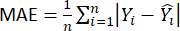 Mean Absolute Error formula: MAE=1/n∑|Yi−Ŷi|; used in statistical analysis and modeling.