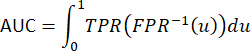 AUC integral formula; analysis of true/false positive rates; equation in ROC curve studies.